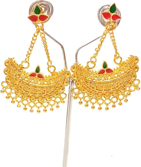 Assamese_Traditional_Copper_Gold_Plated_Red_Green_Colour_Jhumki_Earring_For_Girls_&_Women